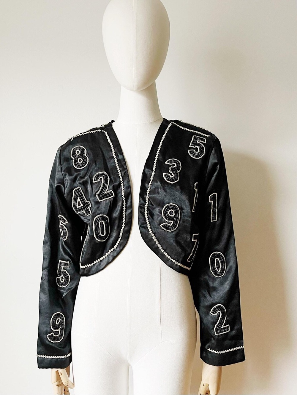 VTG Sebatu SATIN BEADED JACKET Black Numbers Bolero Blazer Cropped Unique